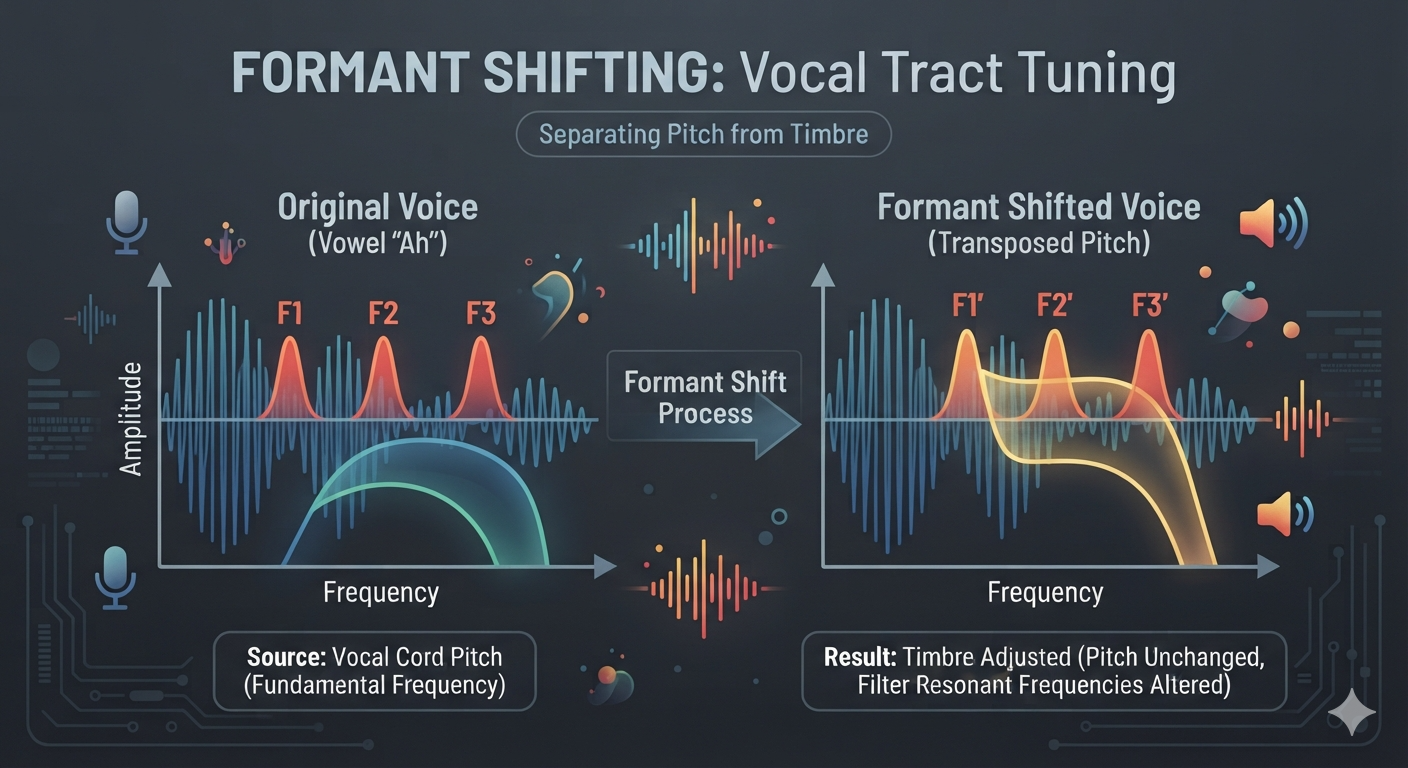 Formant shifting diagram illustrating vocal tract tuning and separation of pitch from timbre, showing original spectral peaks F1, F2, F3 compared to transposed formant peaks F1', F2', F3' with pitch preserved